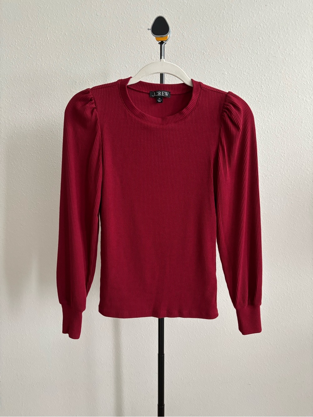 J.Crew Women’s Burgundy Ribbed Puff Sleeve Top Crew Neck Sz XS